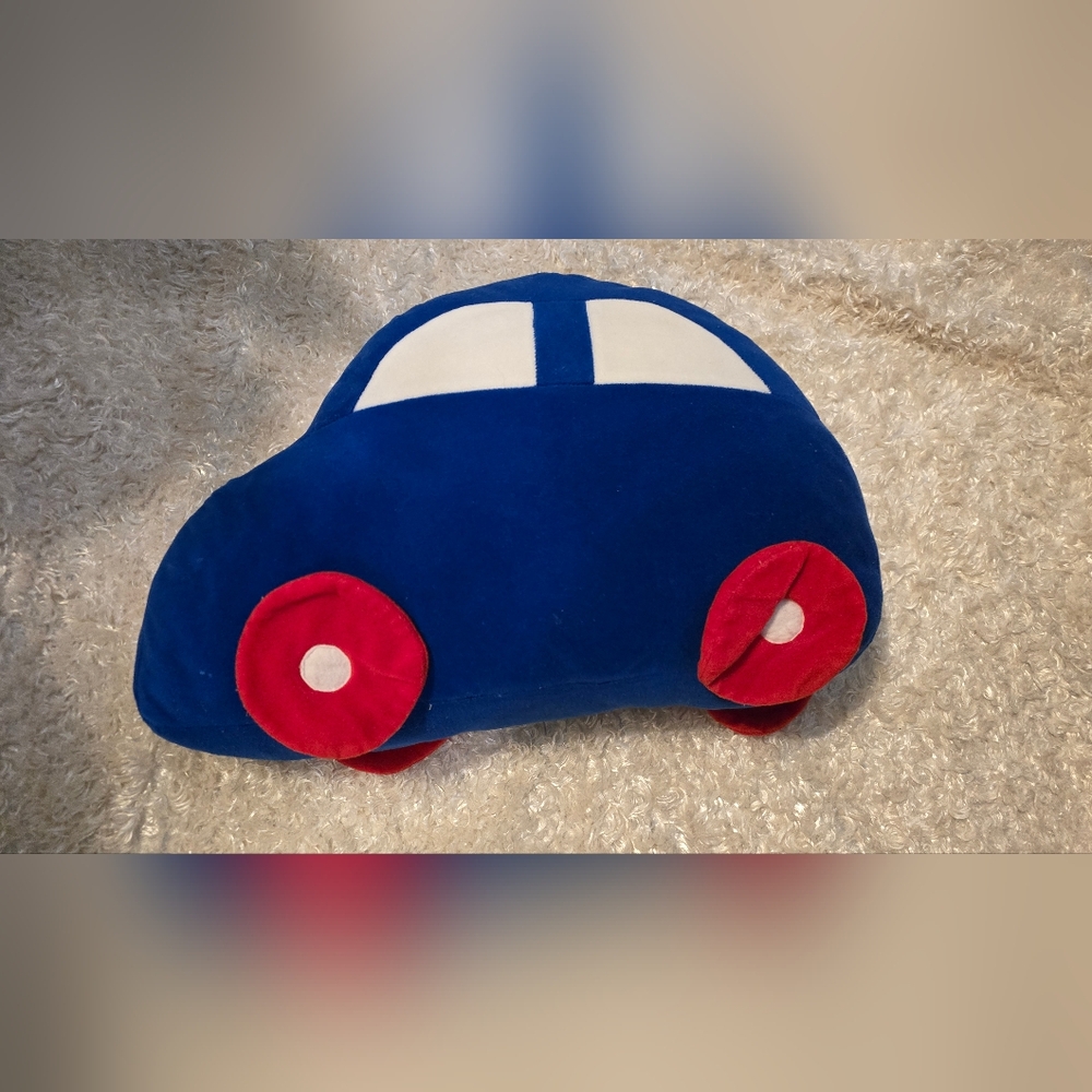 Blue Car Pillow with Red Accents Perfect For Kids Bedroom Or Play Room Decor.